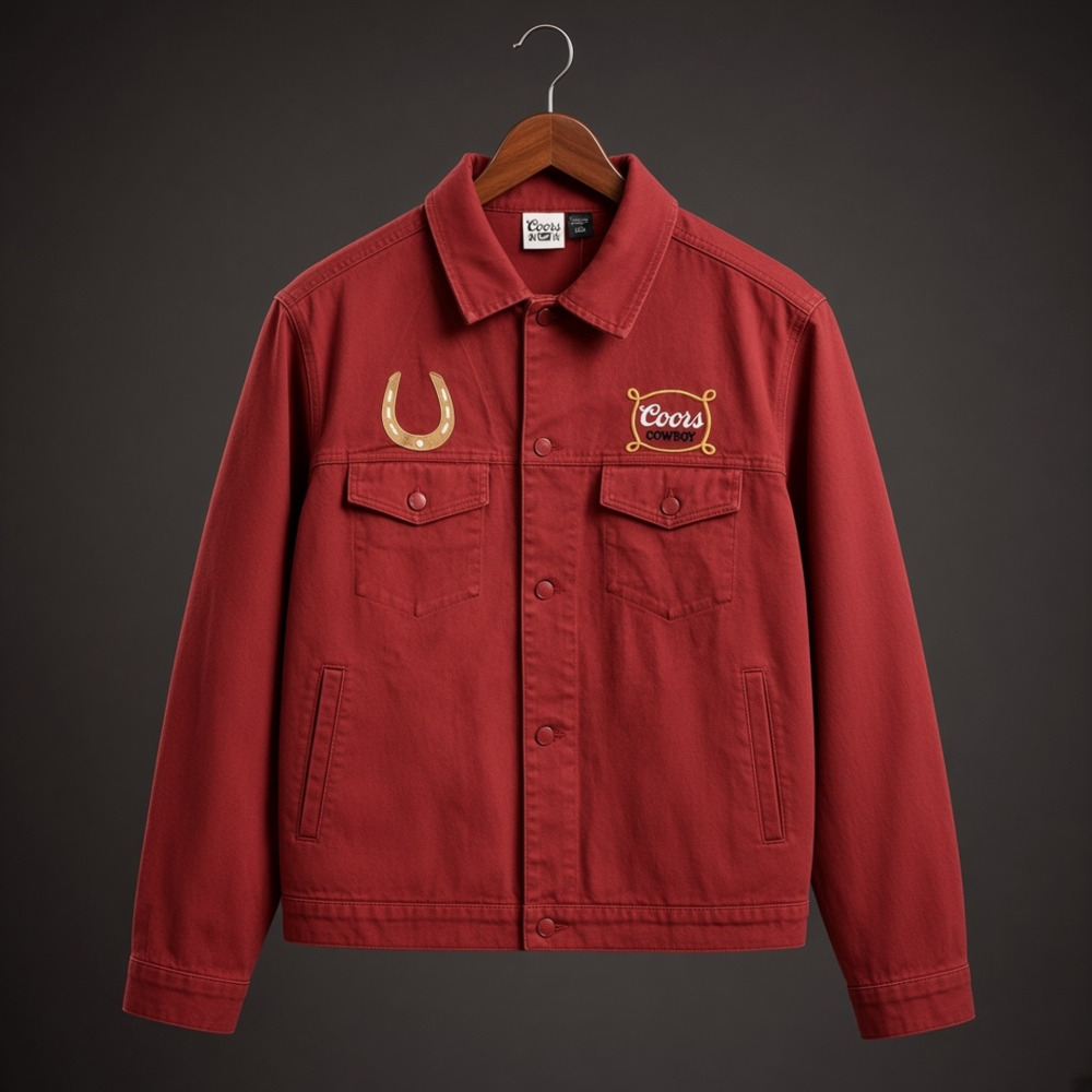 Coors Cowboy Denim Jacket Red Embroidered Horseshoe Size L
